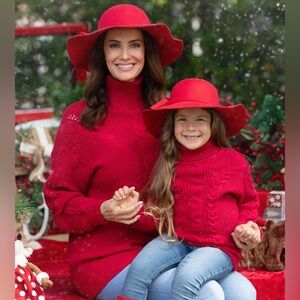 Mia Belle Girls Mommy and Me Red Oversized Cable Knit Sweater, Medium and 2T